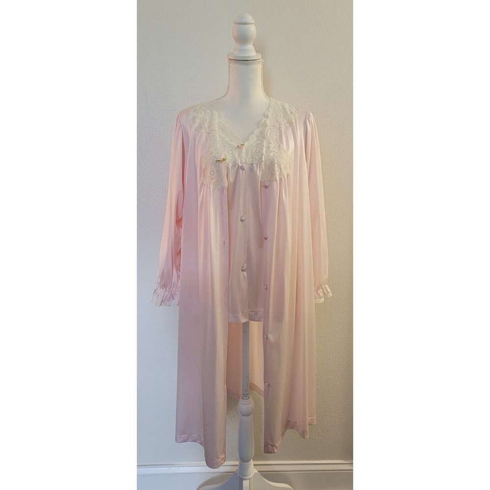 Vintage Vanity Fair Pink Small Night Shirt/Top & Robe 2pc Set USA Satiny EUC